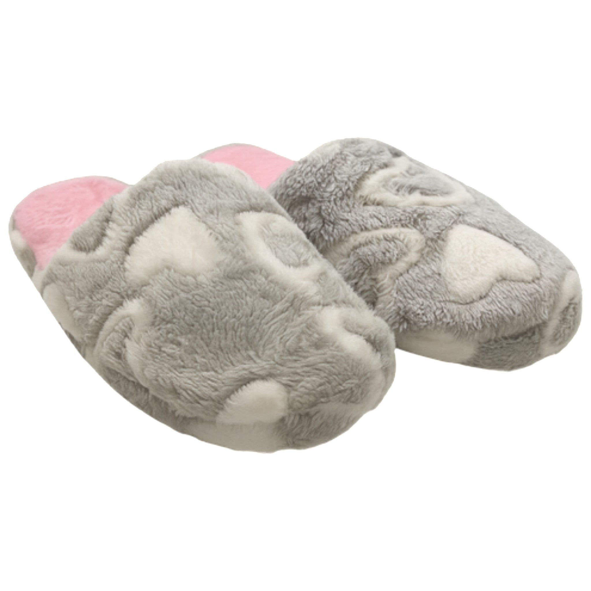 Ladies grey heart print slippers with soft plush fabric, pink inner lining, and slip-on indoor design for warmth and comfort.